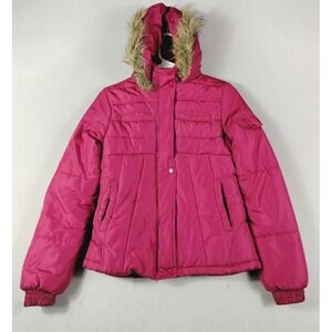 Maralyn & Me Jacket Womens Juniors Small Pink Hooded Puffer Faux Fur Winter Coat